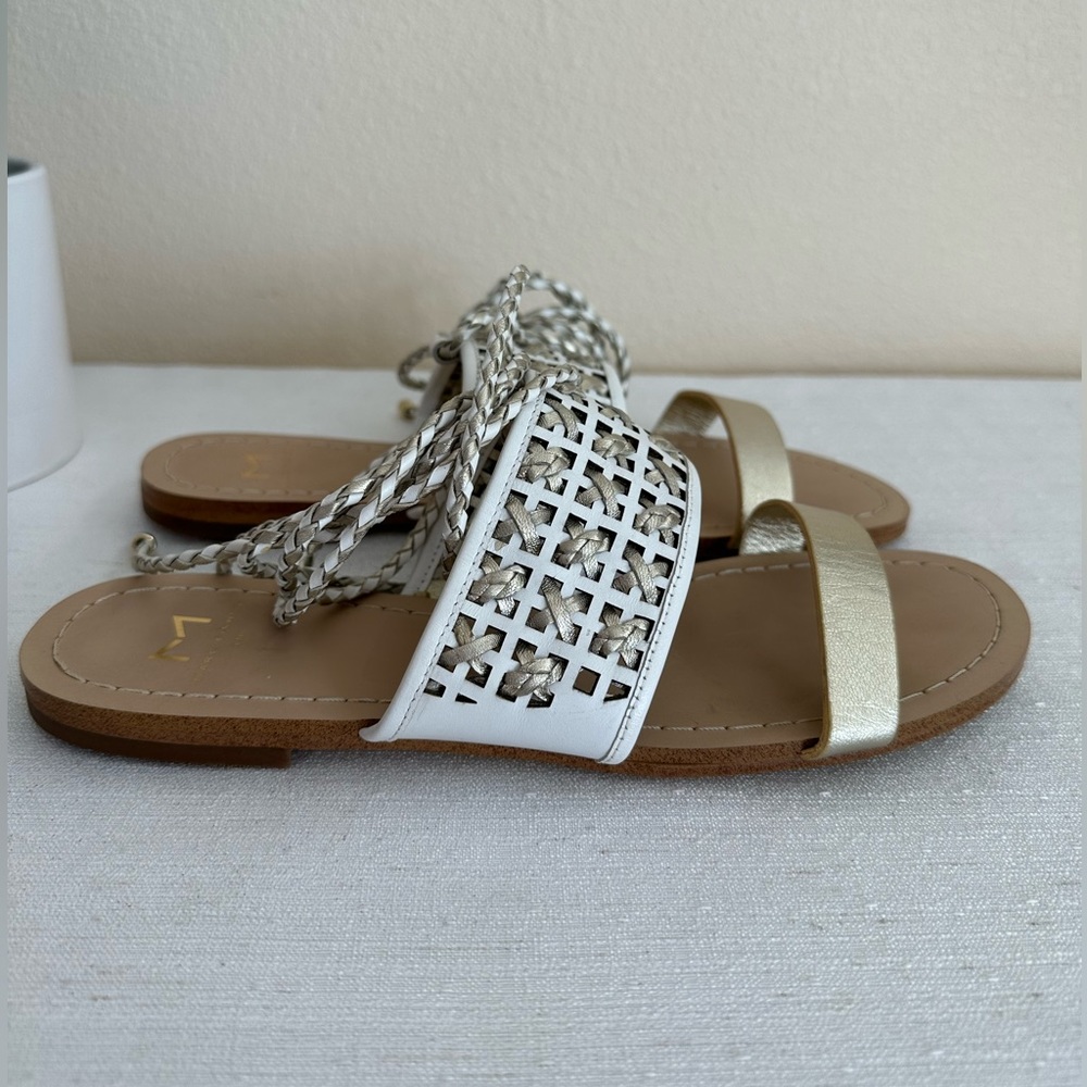 New Marc Fisher Kela Gold Woven Cross Hatch Braided Leather Sandals Woman’s 8.5M